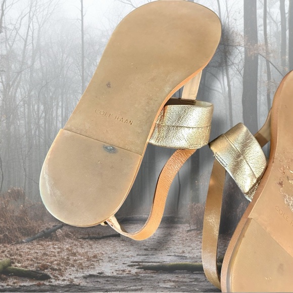 Cole Haan ‘Ainsley Grand T-Strap Sandals’ in Tan & Gold Metallic Leather Size 7 - Picture 14 of 16